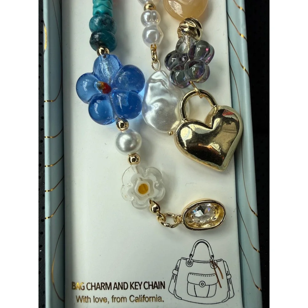 Eyecandy Los Angeles Beaded Bag Charm Keychain Gold Heart Flower Multi Color NEW